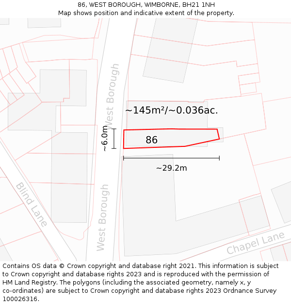 86, WEST BOROUGH, WIMBORNE, BH21 1NH: Plot and title map
