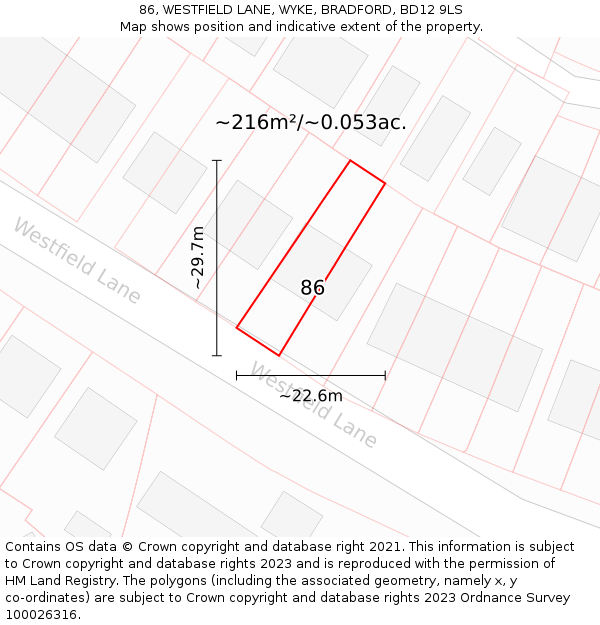86, WESTFIELD LANE, WYKE, BRADFORD, BD12 9LS: Plot and title map