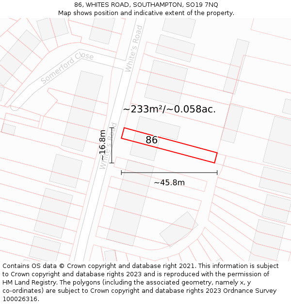 86, WHITES ROAD, SOUTHAMPTON, SO19 7NQ: Plot and title map
