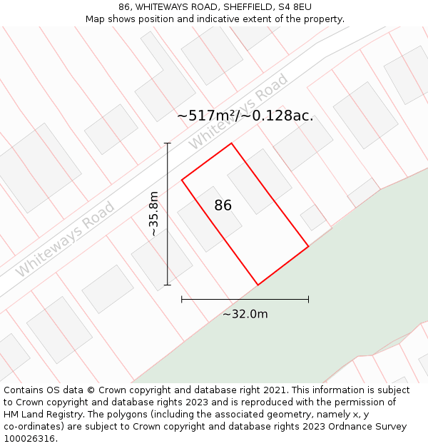 86, WHITEWAYS ROAD, SHEFFIELD, S4 8EU: Plot and title map