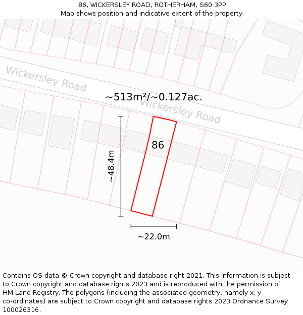86, WICKERSLEY ROAD, ROTHERHAM, S60 3PP: Plot and title map