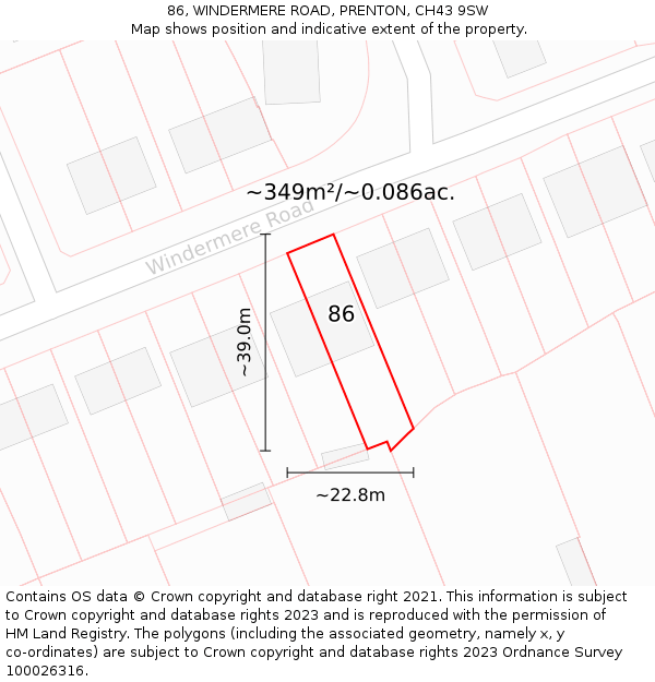 86, WINDERMERE ROAD, PRENTON, CH43 9SW: Plot and title map