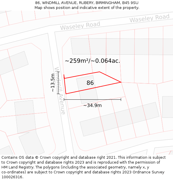 86, WINDMILL AVENUE, RUBERY, BIRMINGHAM, B45 9SU: Plot and title map