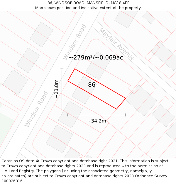86, WINDSOR ROAD, MANSFIELD, NG18 4EF: Plot and title map