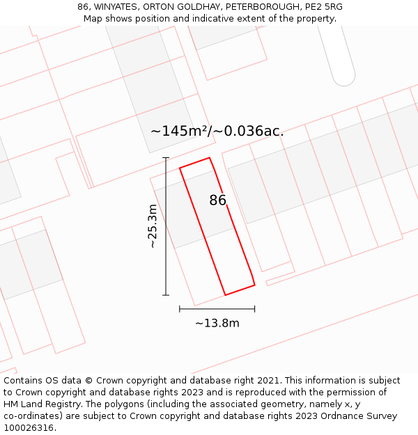 86, WINYATES, ORTON GOLDHAY, PETERBOROUGH, PE2 5RG: Plot and title map