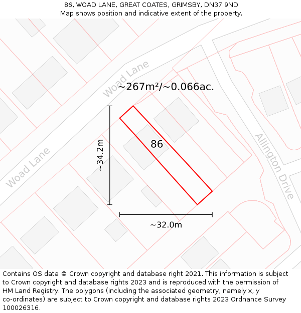 86, WOAD LANE, GREAT COATES, GRIMSBY, DN37 9ND: Plot and title map