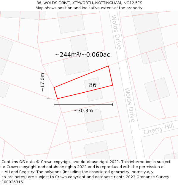 86, WOLDS DRIVE, KEYWORTH, NOTTINGHAM, NG12 5FS: Plot and title map