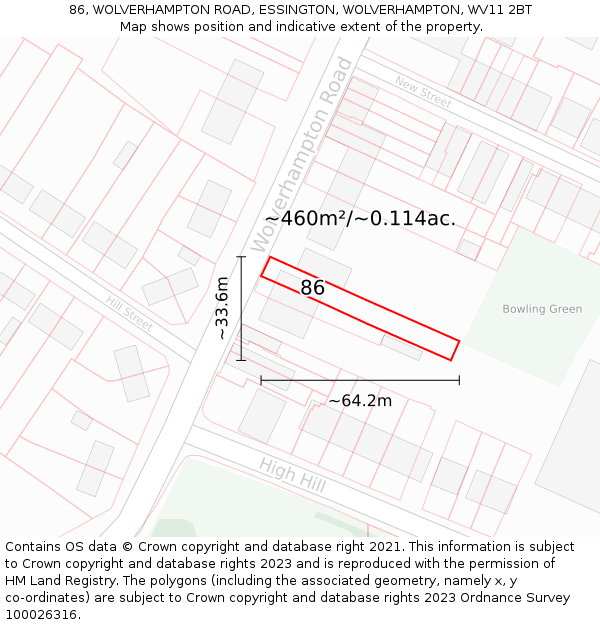 86, WOLVERHAMPTON ROAD, ESSINGTON, WOLVERHAMPTON, WV11 2BT: Plot and title map