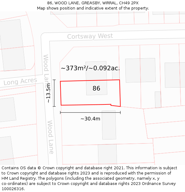 86, WOOD LANE, GREASBY, WIRRAL, CH49 2PX: Plot and title map