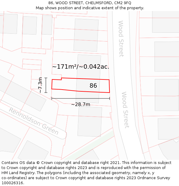 86, WOOD STREET, CHELMSFORD, CM2 9FQ: Plot and title map