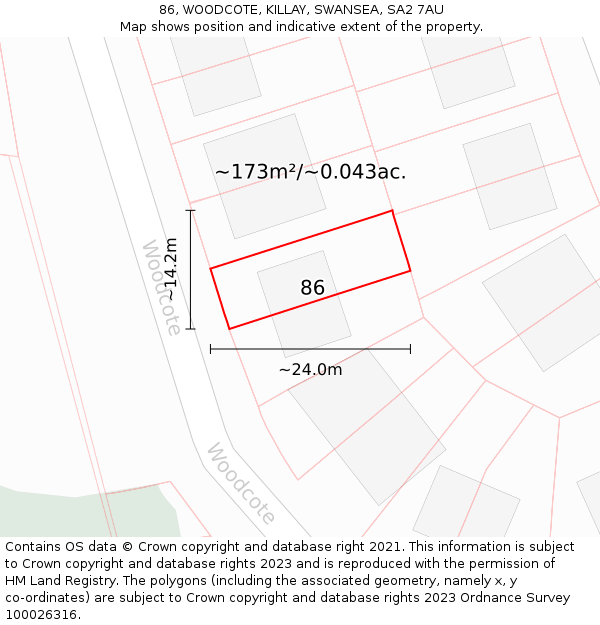 86, WOODCOTE, KILLAY, SWANSEA, SA2 7AU: Plot and title map