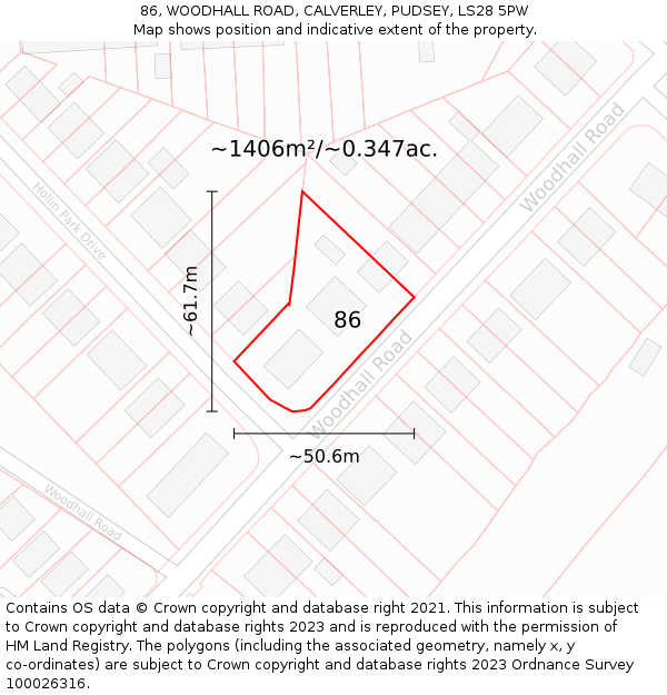 86, WOODHALL ROAD, CALVERLEY, PUDSEY, LS28 5PW: Plot and title map