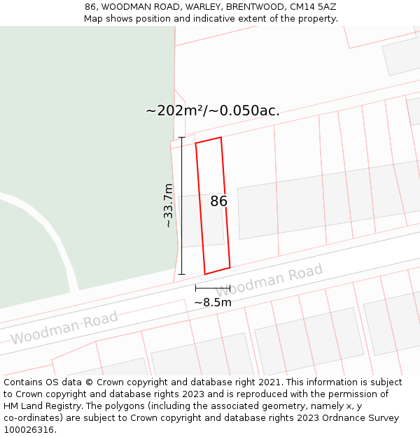 86, WOODMAN ROAD, WARLEY, BRENTWOOD, CM14 5AZ: Plot and title map