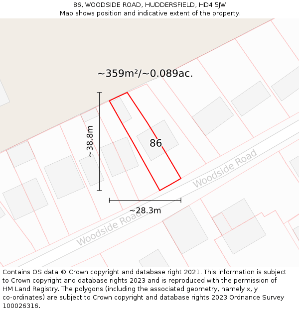 86, WOODSIDE ROAD, HUDDERSFIELD, HD4 5JW: Plot and title map