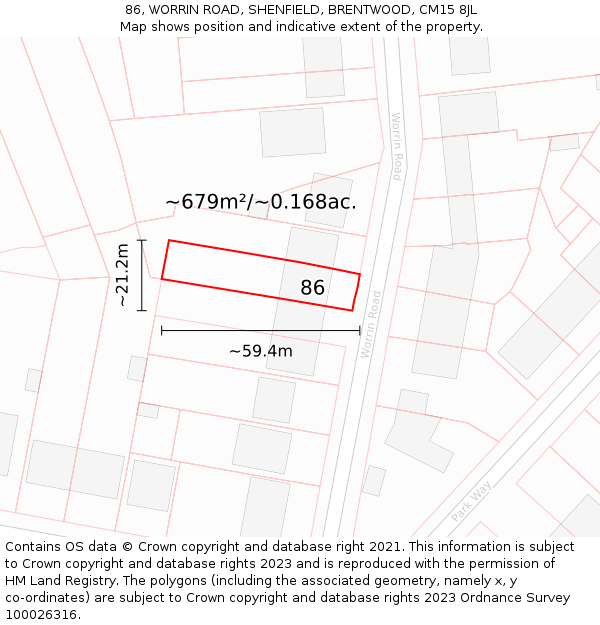 86, WORRIN ROAD, SHENFIELD, BRENTWOOD, CM15 8JL: Plot and title map