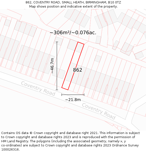 862, COVENTRY ROAD, SMALL HEATH, BIRMINGHAM, B10 0TZ: Plot and title map