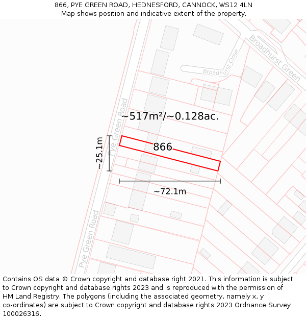 866, PYE GREEN ROAD, HEDNESFORD, CANNOCK, WS12 4LN: Plot and title map
