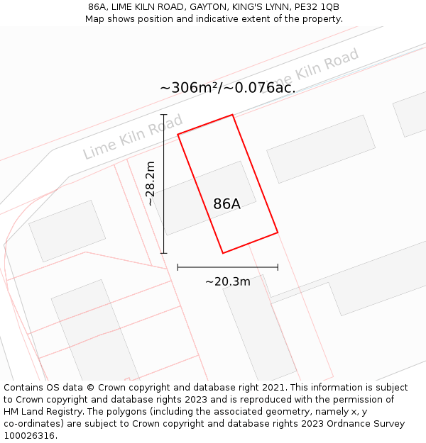 86A, LIME KILN ROAD, GAYTON, KING'S LYNN, PE32 1QB: Plot and title map