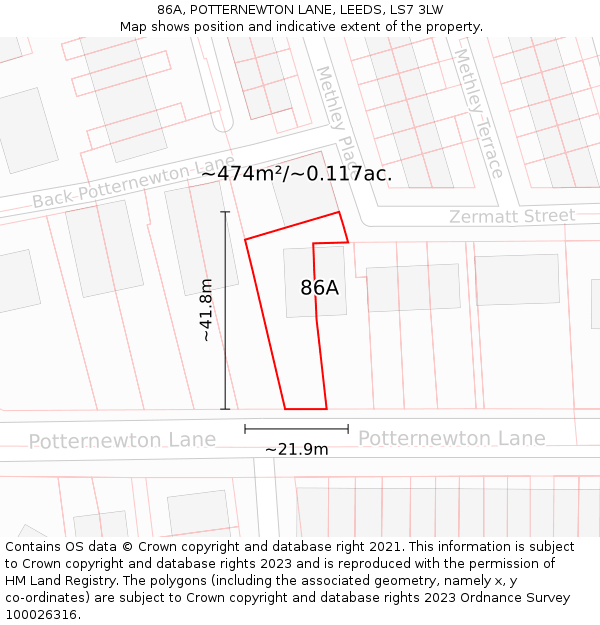 86A, POTTERNEWTON LANE, LEEDS, LS7 3LW: Plot and title map