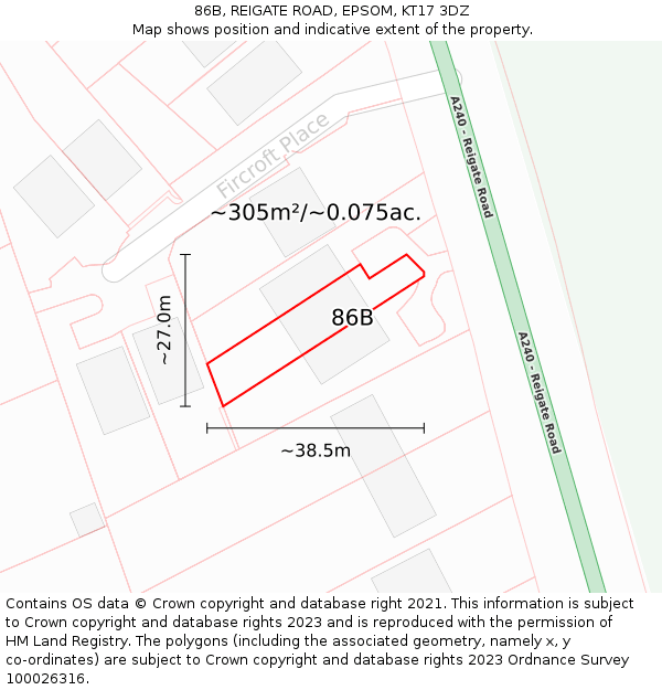 86B, REIGATE ROAD, EPSOM, KT17 3DZ: Plot and title map
