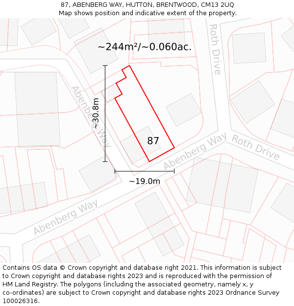 87, ABENBERG WAY, HUTTON, BRENTWOOD, CM13 2UQ: Plot and title map