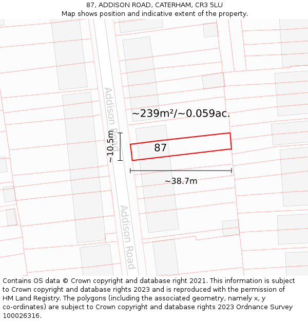 87, ADDISON ROAD, CATERHAM, CR3 5LU: Plot and title map