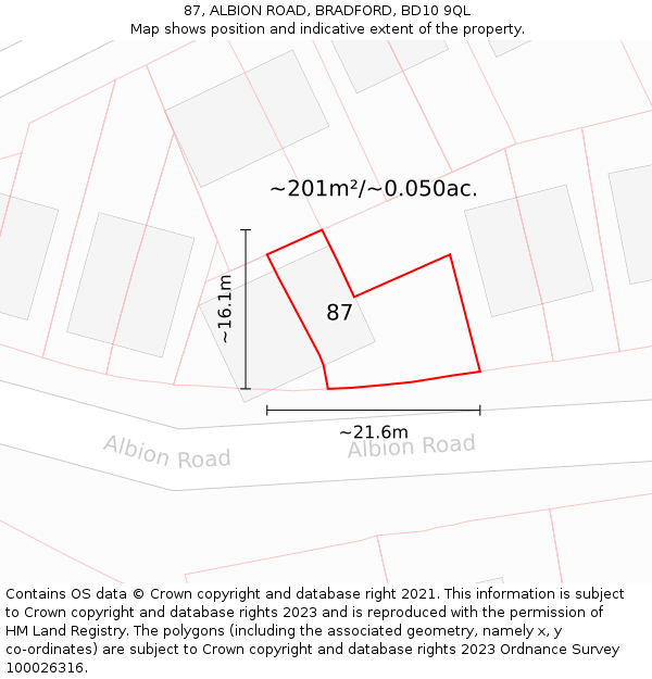 87, ALBION ROAD, BRADFORD, BD10 9QL: Plot and title map