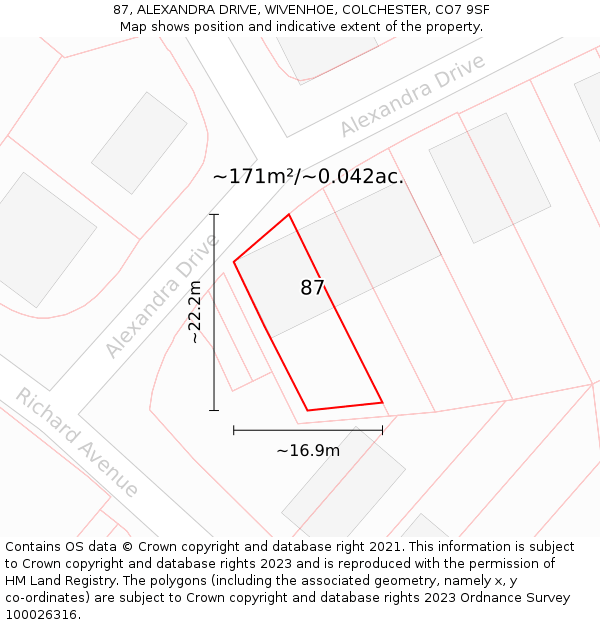 87, ALEXANDRA DRIVE, WIVENHOE, COLCHESTER, CO7 9SF: Plot and title map