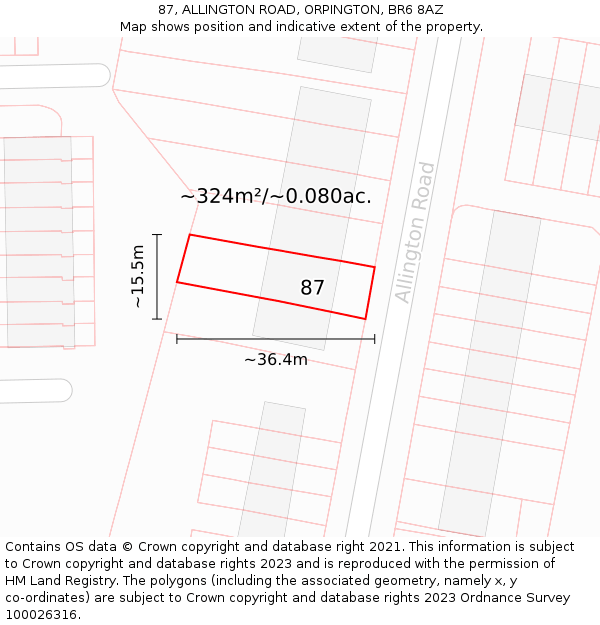 87, ALLINGTON ROAD, ORPINGTON, BR6 8AZ: Plot and title map