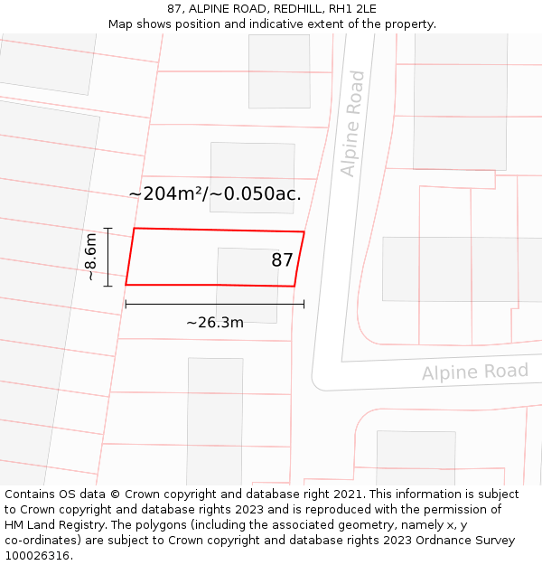 87, ALPINE ROAD, REDHILL, RH1 2LE: Plot and title map