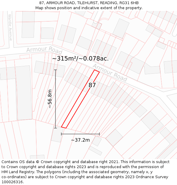 87, ARMOUR ROAD, TILEHURST, READING, RG31 6HB: Plot and title map