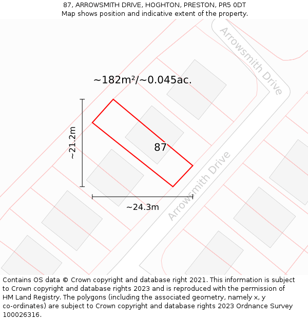 87, ARROWSMITH DRIVE, HOGHTON, PRESTON, PR5 0DT: Plot and title map