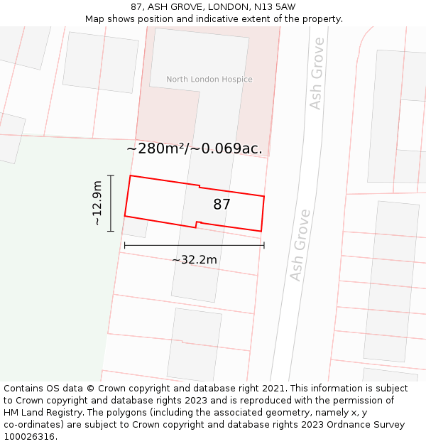 87, ASH GROVE, LONDON, N13 5AW: Plot and title map