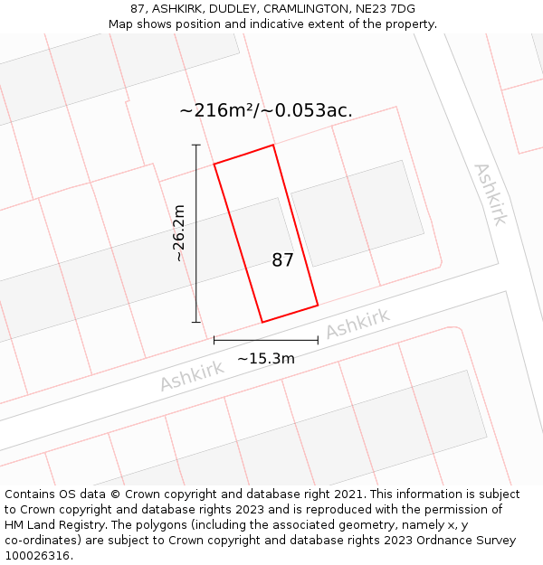 87, ASHKIRK, DUDLEY, CRAMLINGTON, NE23 7DG: Plot and title map