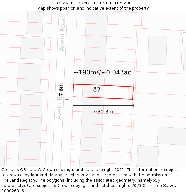 87, AVERIL ROAD, LEICESTER, LE5 2DE: Plot and title map