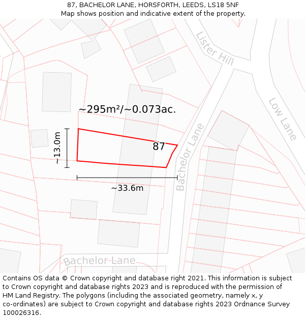 87, BACHELOR LANE, HORSFORTH, LEEDS, LS18 5NF: Plot and title map