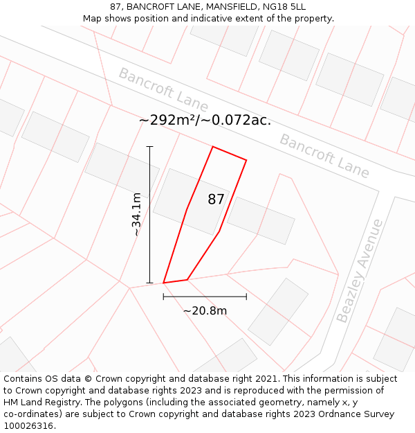 87, BANCROFT LANE, MANSFIELD, NG18 5LL: Plot and title map