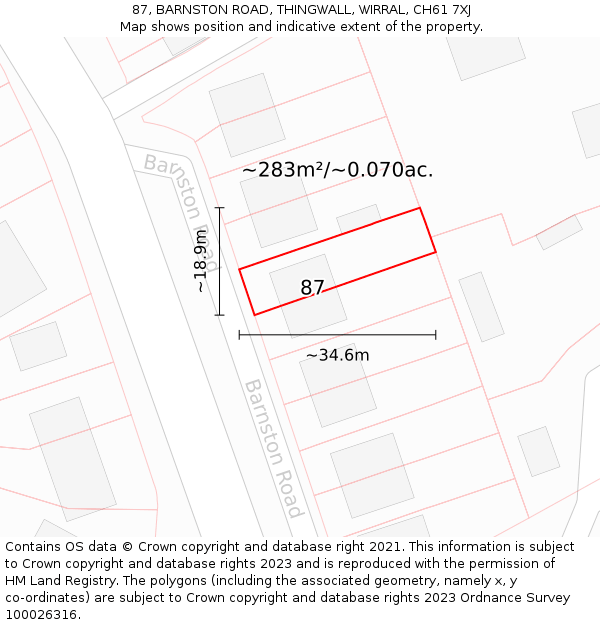 87, BARNSTON ROAD, THINGWALL, WIRRAL, CH61 7XJ: Plot and title map