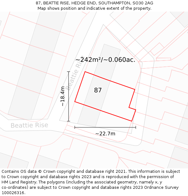 87, BEATTIE RISE, HEDGE END, SOUTHAMPTON, SO30 2AG: Plot and title map
