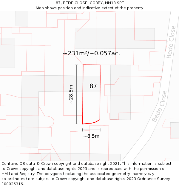 87, BEDE CLOSE, CORBY, NN18 9PE: Plot and title map