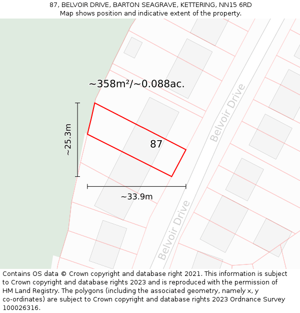 87, BELVOIR DRIVE, BARTON SEAGRAVE, KETTERING, NN15 6RD: Plot and title map
