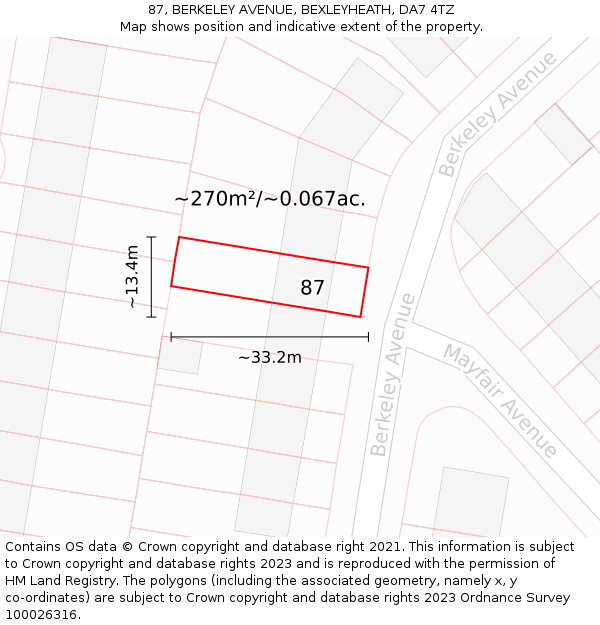 87, BERKELEY AVENUE, BEXLEYHEATH, DA7 4TZ: Plot and title map