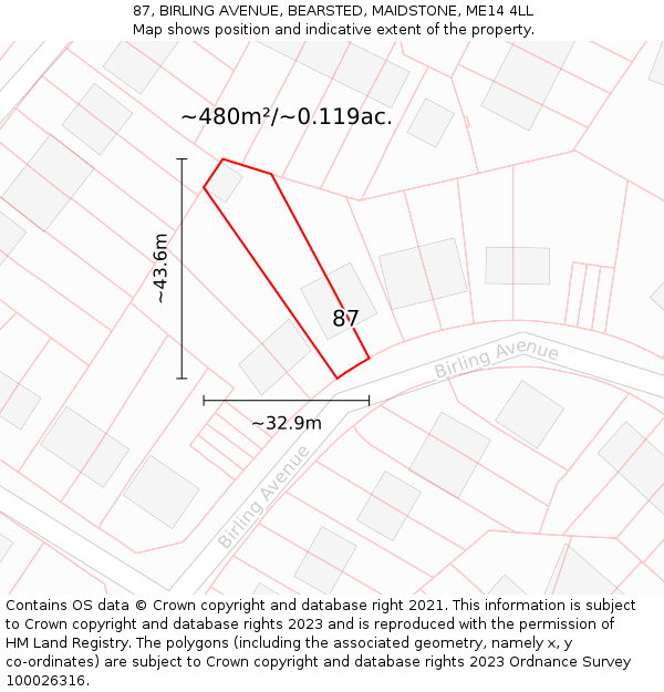 87, BIRLING AVENUE, BEARSTED, MAIDSTONE, ME14 4LL: Plot and title map