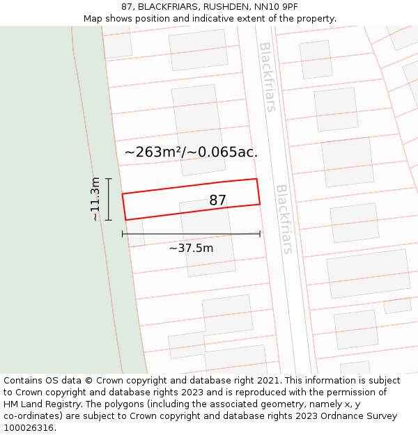 87, BLACKFRIARS, RUSHDEN, NN10 9PF: Plot and title map