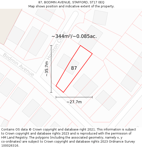 87, BODMIN AVENUE, STAFFORD, ST17 0EQ: Plot and title map