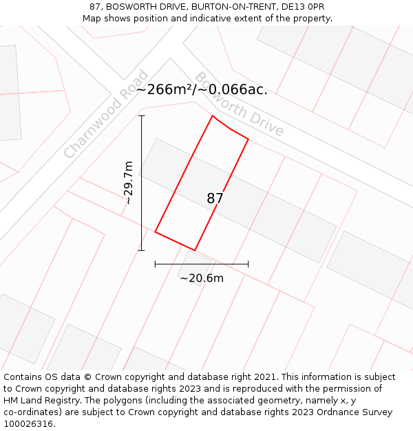 87, BOSWORTH DRIVE, BURTON-ON-TRENT, DE13 0PR: Plot and title map
