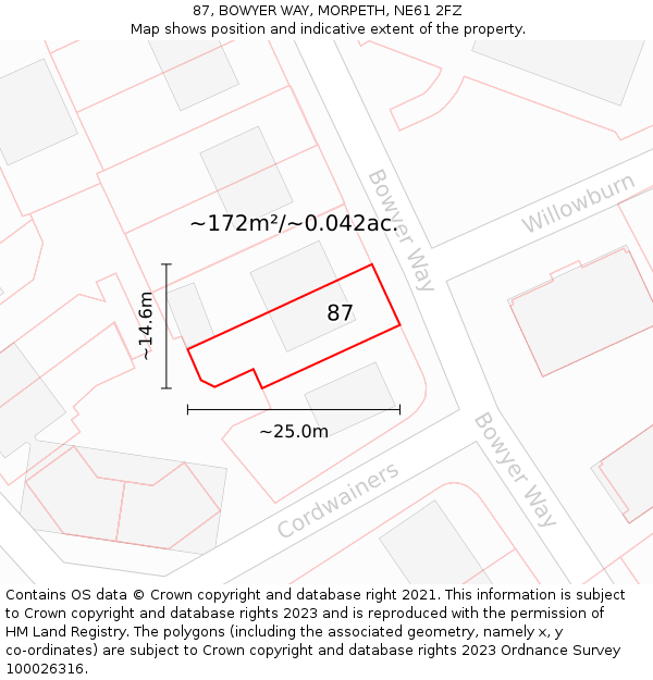 87, BOWYER WAY, MORPETH, NE61 2FZ: Plot and title map
