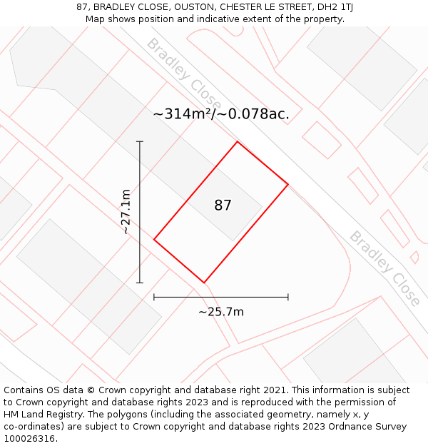 87, BRADLEY CLOSE, OUSTON, CHESTER LE STREET, DH2 1TJ: Plot and title map