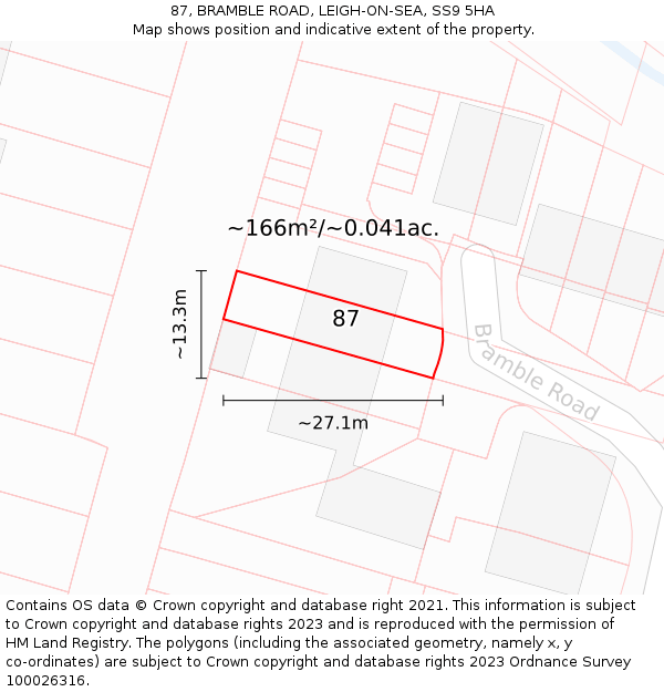 87, BRAMBLE ROAD, LEIGH-ON-SEA, SS9 5HA: Plot and title map