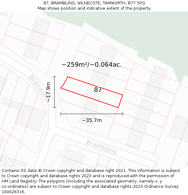 87, BRAMBLING, WILNECOTE, TAMWORTH, B77 5PG: Plot and title map